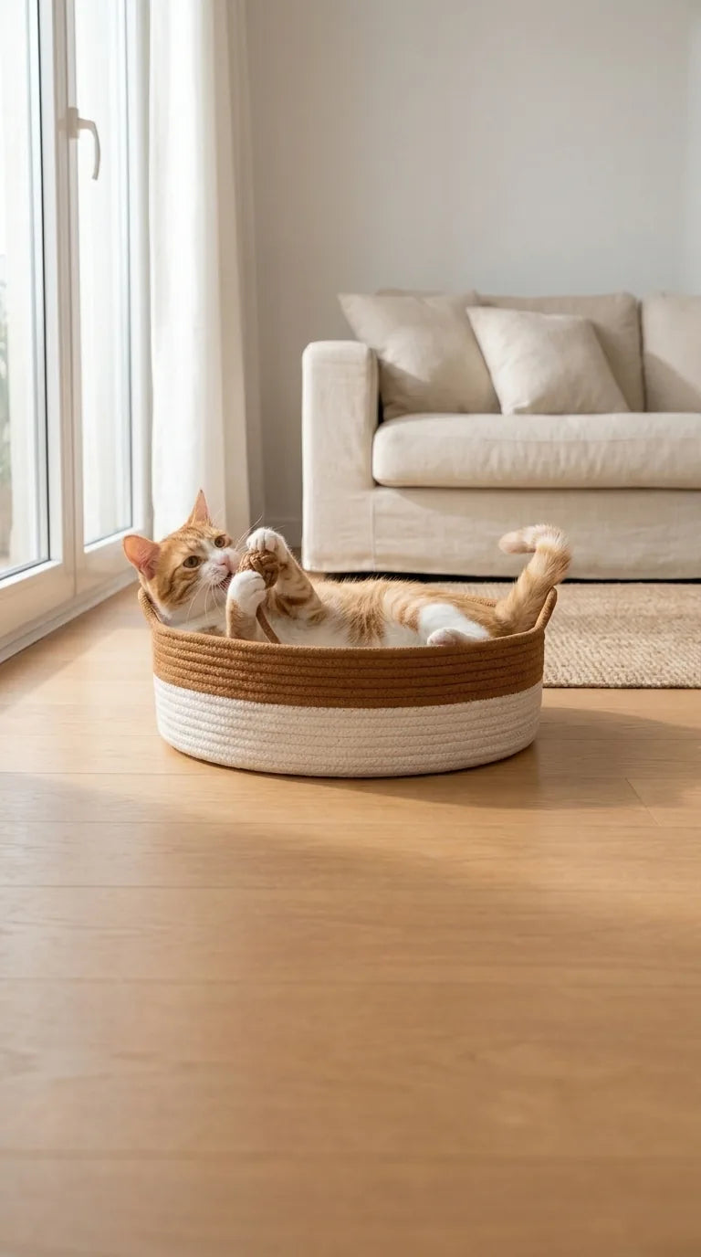 Gato jugando dentro de la cesta Zarpa